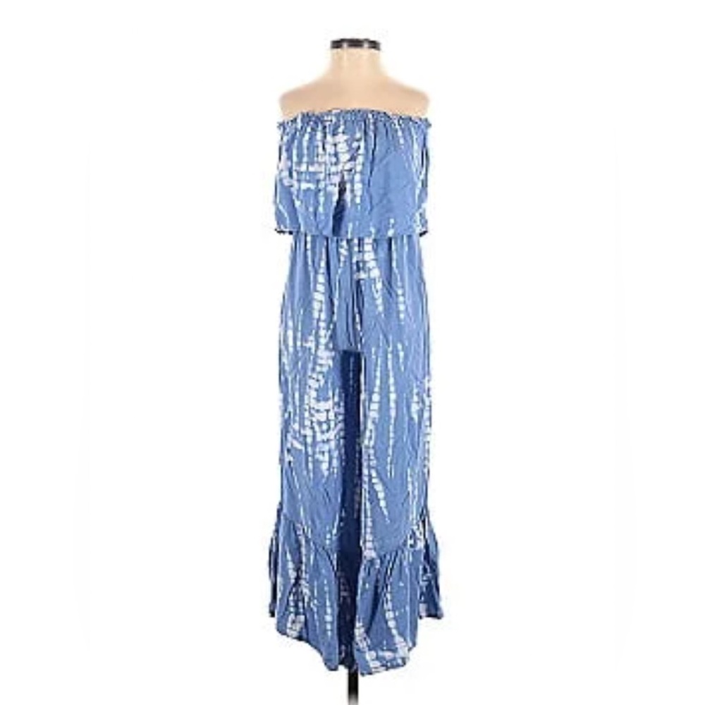 Japna - Blue & White Tie Dye Effect Strapless Jumpsuit